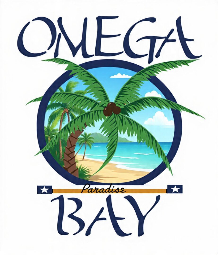Omega Bay Paradise logo with palm trees